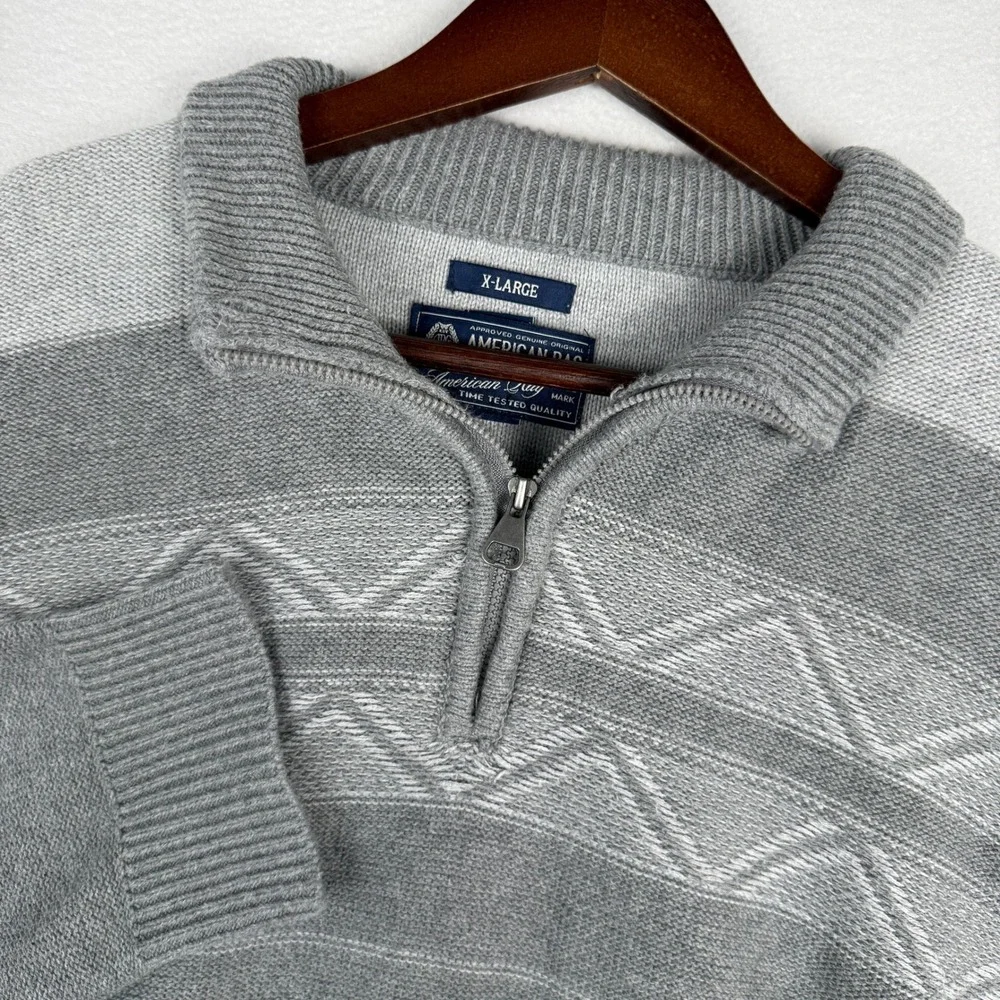 American Rag Mens XL Grey Geometric Striped 1/4 Zip Cotton Knit Sweater